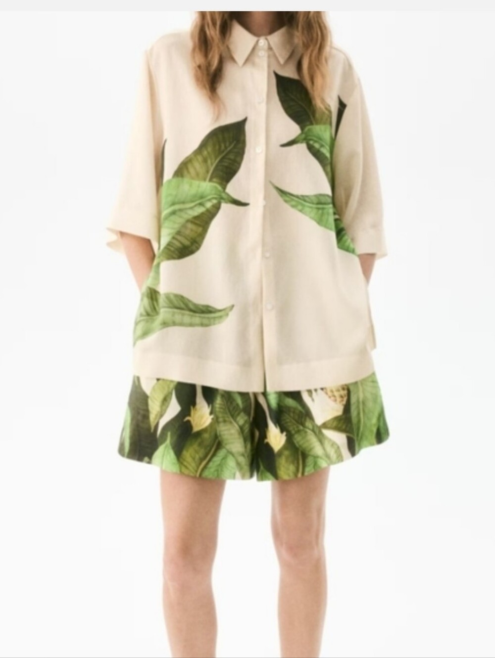 H&M Edition Cream Button-Front Shirt and Shorts Set with Green Leaf Accent
